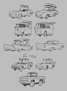 some old cars with surfboards on the top and bottom, all in different styles