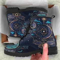 Celestial Moon Vegan Leather Boots, Mother's Day Gifts for Her Casual Cool Unisex Adult Shoes  * The design of these boots is meant to look like glitter, however there is no actual glitter on this product. * All of our Men's and Women's Faux Leather Boots are custom-made-to-order and handcrafted to the highest quality standards.  * Our unique designs are second to none. When is the last time you walked into a shoe store and found affordable boots in so many different, phenomenal designs.  * When Shoe Boots Moon, Boots For Women Moon, Casual Boots Moon, Witchy Shoes Casual, Ravenclaw Combat Boots, Tarot Card Boots, Space Inspired Shoes, Moon Inspired Shoes, Luxury Sets With Mandarin Collar For Eid