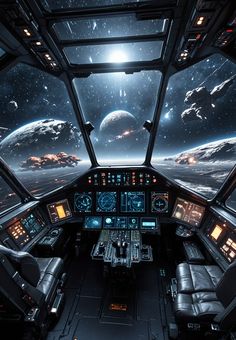 the inside of a space station with planets and stars in the sky, as seen from the cockpit