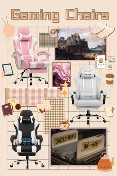 a collage of office chairs with pictures on them