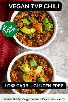 two white bowls filled with chili and avocado