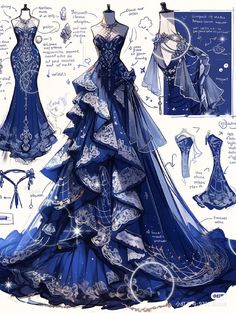 a blue dress with an elaborate design on the bottom, and other details to make it look