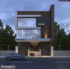 a car is parked in front of a building with a bank sign on it's side