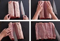 four pictures showing how to cut the meat into squares and place them on top of each other