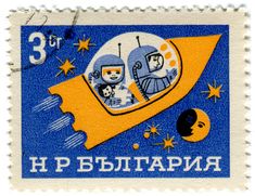 a postage stamp with an image of two astronauts in a space shuttle and the words happy birthday