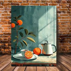 an orange is sitting on a table next to a coffee pot