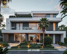 an architectural rendering of a modern house with palm trees in the front yard and landscaping