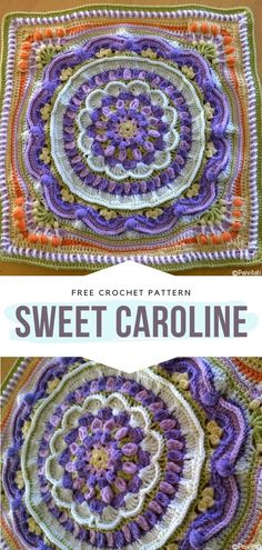 two crocheted squares with the words, free crochet pattern sweet carolina