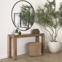 there is a potted plant next to a mirror and a table with a vase on it