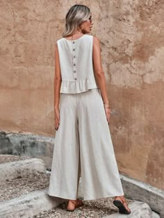 Wide Leg Pants Outfits, Linen Bottoms, Linen Style, Hem Top, Loose Pants, Casual Sets