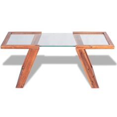 a wooden table with glass top and two legs on each side, against a white background