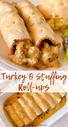 turkey and stuffing roll - ups on a white plate