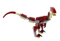 a lego dinosaur is shown in red and yellow with its tail spread out to the side