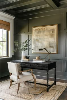 a desk with a chair, lamp and painting on the wall in a home office