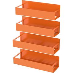 an orange shelf with four sections on each side