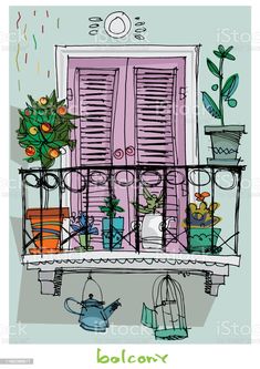 an illustration of a balcony with pots and plants on it, next to a birdcage