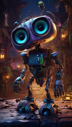 a robot with big eyes standing in front of a city at night, staring into the distance