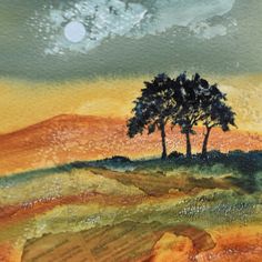 a painting of two trees on a hill