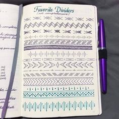 an open notebook with writing on it and a purple pen next to the page that says favorite dividers