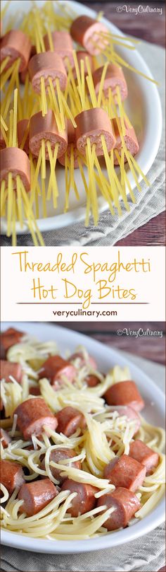 spaghetti and hot dog bites on a plate