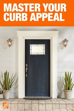 a black front door on a white house with potted cacti and plants