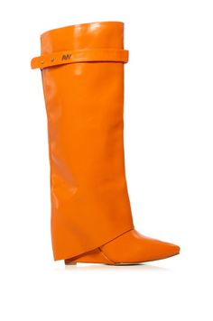 Introducing the MELINA ORANGE WEDGE BOOT, a fashion-forward, knee-high boot crafted from orange faux leather. With its pointed toe and stylish fold over silhouette, these statement boots will add sophisticated flair to any ensemble. Timelessly chic and undeniably desirable, this boot is the perfect companion for any trendsetter. Orange Boots, Statement Boots, Platform Combat Boots, Orange Wedges, Orange Outfit, Azalea Wang, Funky Shoes, Stuck On You, Cheap Womens Clothing