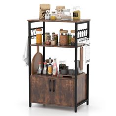 a wooden shelf with spices and condiments on it, against a white background