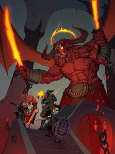 an animated image of a demonic demon with two swords in his hand, surrounded by other demonic creatures