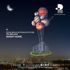 an advertisement for smart home in the sky with planets floating above it and text that reads,'congratulations and beyond to help you at your smart home