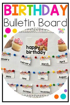 a birthday bulletin board with cupcakes and name tags