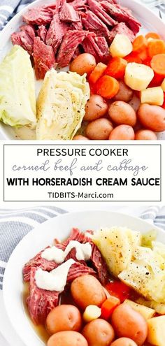 pressure cooker corned beef and cabbage with horseradish cream sauce on a white plate