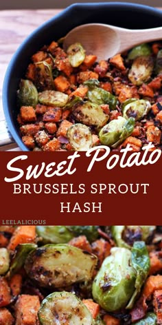 sweet potato brussel sprout hash with brussels sprouts in a skillet