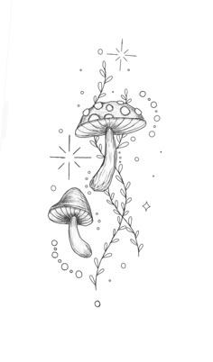 a black and white drawing of two mushrooms