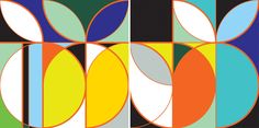 an abstract painting with circles and lines in blue, green, orange, yellow and white