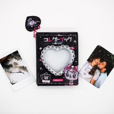 a couple's photo and two polaroid frames on a white surface with an image of a heart in the middle