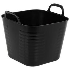 a black plastic bucket with handles