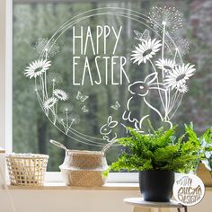 Easter Bunny Ring Window Decal-0 Easter Window, Rabbit Wreath, Window Drawing, Flower Window, Meadow Flowers, Window Art, Window Painting