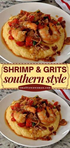 shrimp and grits on top of mashed potatoes