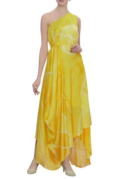 Shop for Vedika M Yellow One Shoulder Cowl Draped Dress for Women Online at Aza Fashions Indowestern Drape Outfits, One Shoulder Dress Indian, One Piece Dress Indian Style, Cowl Dress Indian, Drape Kurti, Cowl Dresses, Cowl Drape Dress, Drape Dress Pattern, One Shoulder Drape Dress