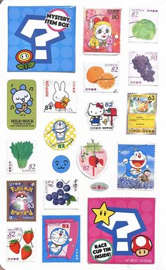 an assortment of stamps with cartoon characters on them