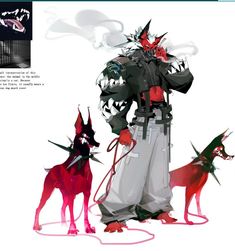 a man standing next to two dogs in front of a white background with red and black graphics