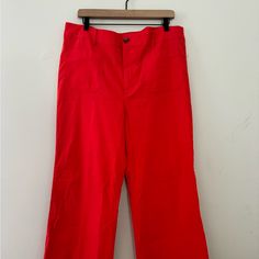 J Crew Wide Leg Pocket Pant Red Size 33 Msrp $98 Perfect Nwt Condition, However The Bottom Looks Like They Were Tried On? Price Reflected Red Straight Leg Bottoms With Pockets, Red Wide-leg Pants With Pockets, Red High Waist Wide Leg Pants With Pockets, Red Wide Leg Pants With Pockets, Red High-waisted Pants With Pockets, Red High-waisted Cotton Pants, Red Cotton Bottoms For Work, Red Wide-leg Cotton Pants, High-waisted Red Wide Leg Pants With Pockets