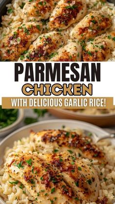 parmesan chicken with delicious garlic rice on a plate