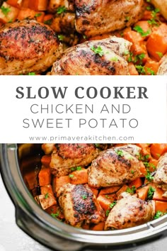 slow cooker chicken and sweet potato meal in a crock pot with text overlay