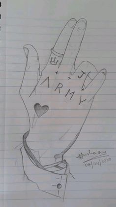 a drawing of a hand with the word army written on it and a heart in the middle