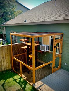 an outdoor chicken coop in the back yard