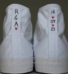 Personalise your wedding Converse with custom initials and wedding date! The initials and date can be embroidered in any colour thread to suit your colour palette, the hearts can also be any colour of your choosing. This information can be detailed in the personalisation section upon ordering.  Please note, this listing is for the shoes and personalised embroidery on the backs only. It does NOT include the wreath or any additional embroidery.  If ordering two pairs, please specify the order of t His And Hers Converse, Converse Bridal Party, White Converse Wedding Shoes, Custom Wedding Converse, Embroidered Converse Wedding, Embroidery Converse Wedding, Custom Converse Embroidery Text, Bride And Groom Converse Shoes, Groom Converse