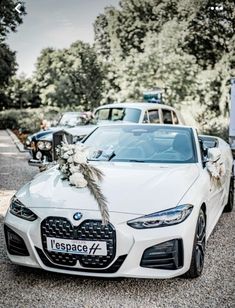 a white car parked on the side of a road next to other cars and trees