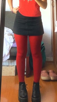 red and black outfit Pink Tights Outfit Aesthetic, Color Pantyhose Outfit, Outfits With Colorful Tights, Red Tights Outfit Aesthetic, Colored Tights Outfit Aesthetic, Red Thighs Outfit, Outfits With Red Tights, Red Pantyhose Outfit, Twee Fashion Aesthetic