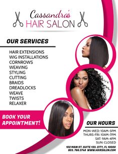 a flyer for a hair salon with three women's faces and the words, our services